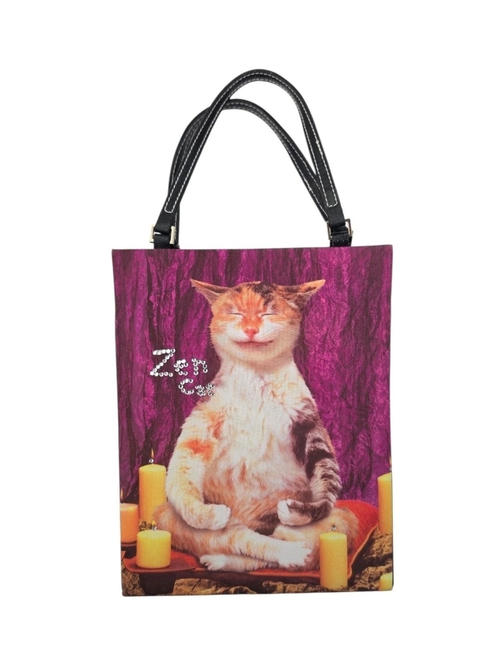 Ashley M Zen Cat Purple Tote Bag Crossbody Meditation Cat Handbag Rhinestones